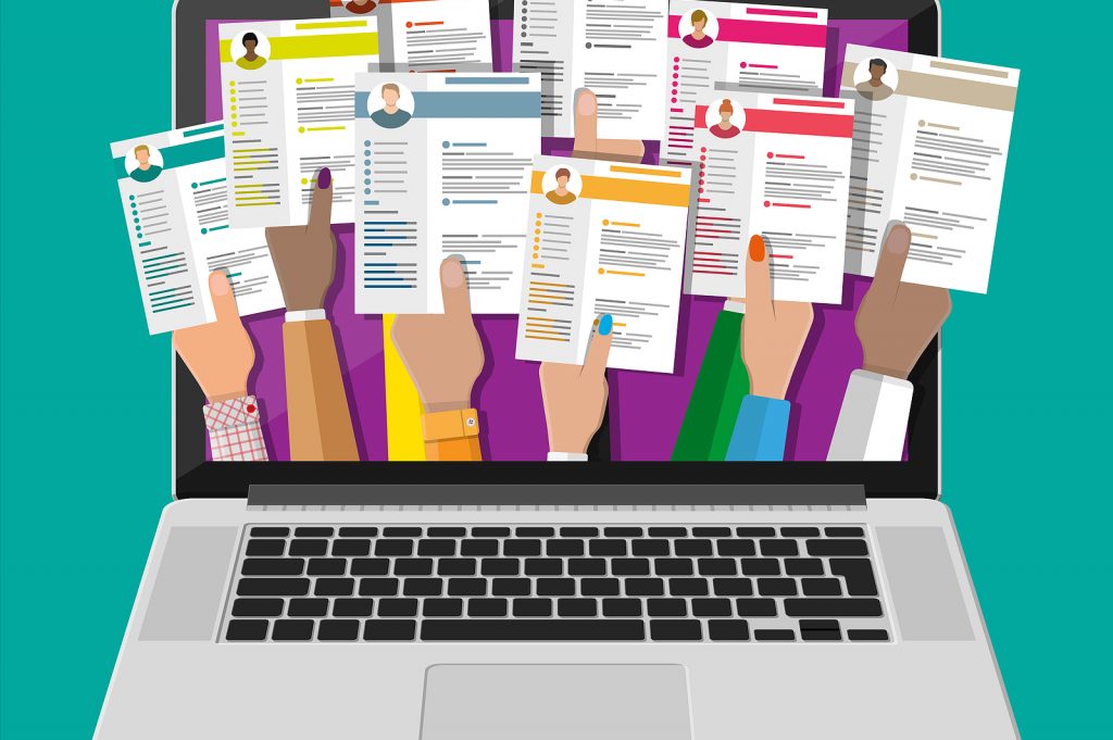 illustrated graphic depicting hands submitting resumes on computer