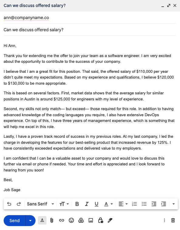 Salary negotiation email example