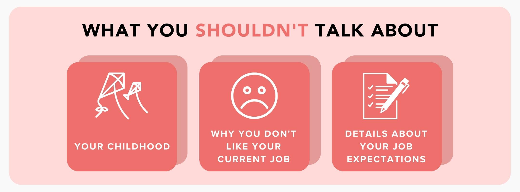 What not to say when asked tell me about yourself:

1) Your childhood
2) Why you don't like your current job
3) Details about your job expectations 