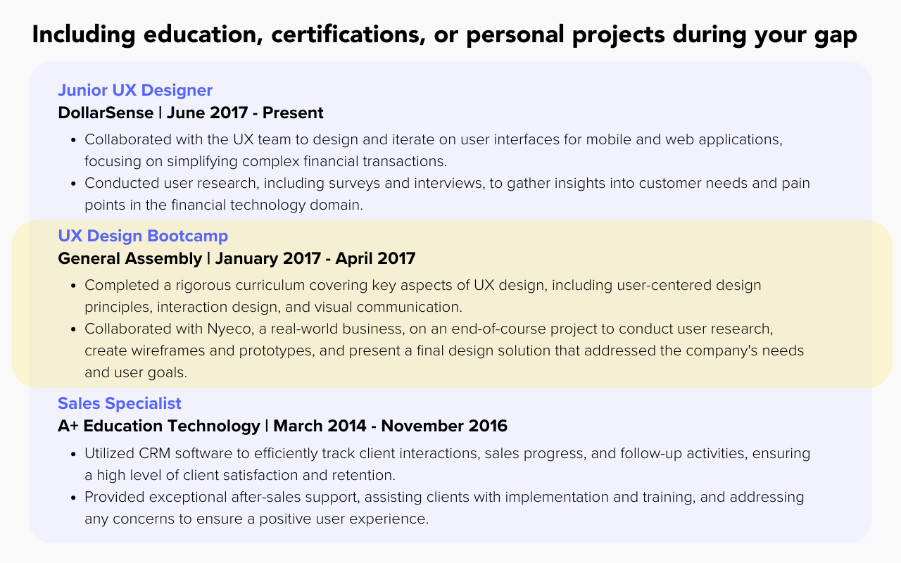 Including Education, Certifications, and Personal Projects During Resume Gap (Example)