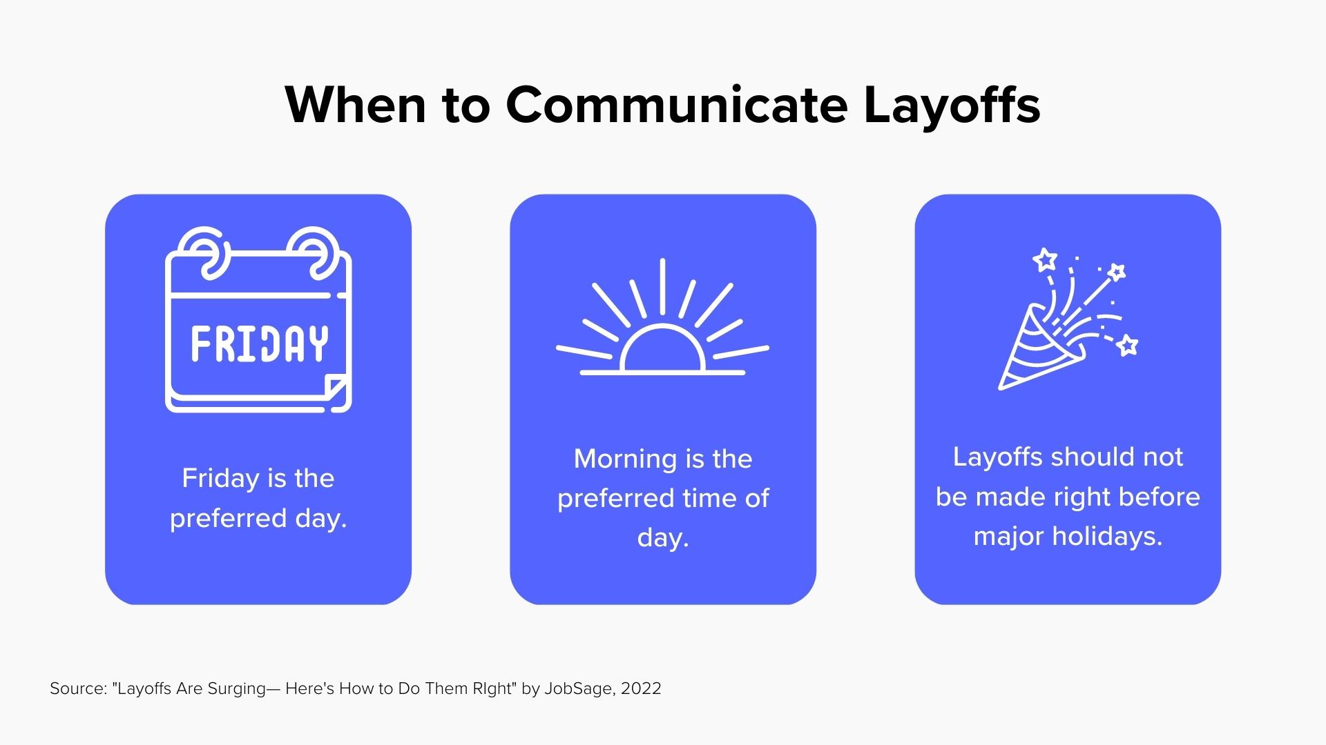 When to communicate layoffs: on a Friday morning, not before a holiday.
