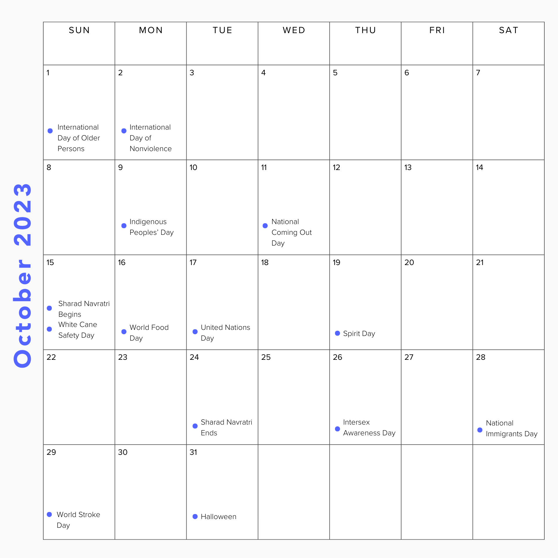 October Holiday and Observances Calendar with October DEI Holidays